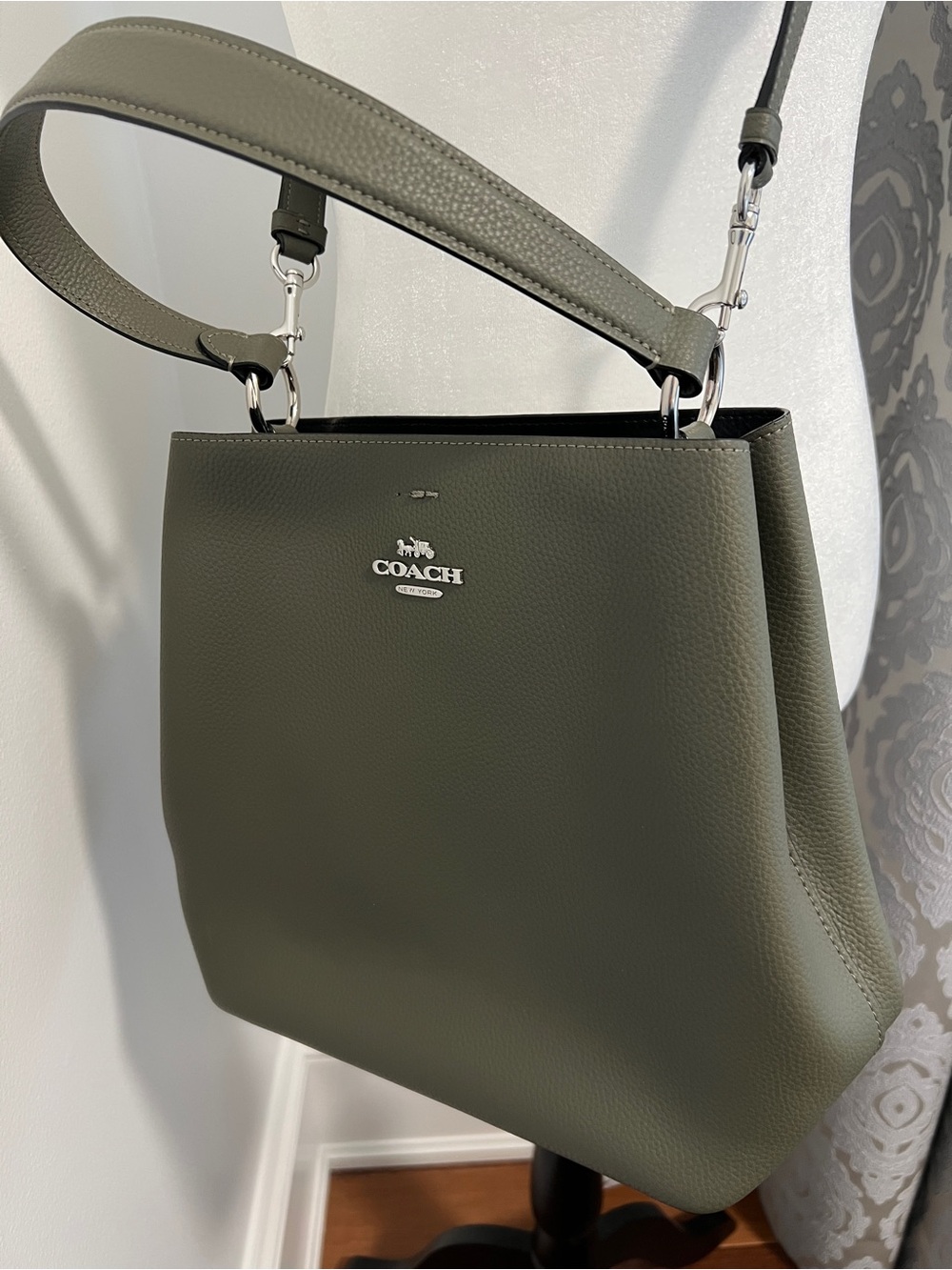 COACH Olive Green Pebbled Leather Bucket Bag with Silver Hardware